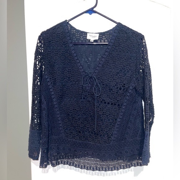 Sezane Albane Navy Blue Lace Blouse 💙 sz 6 - Picture 5 of 6